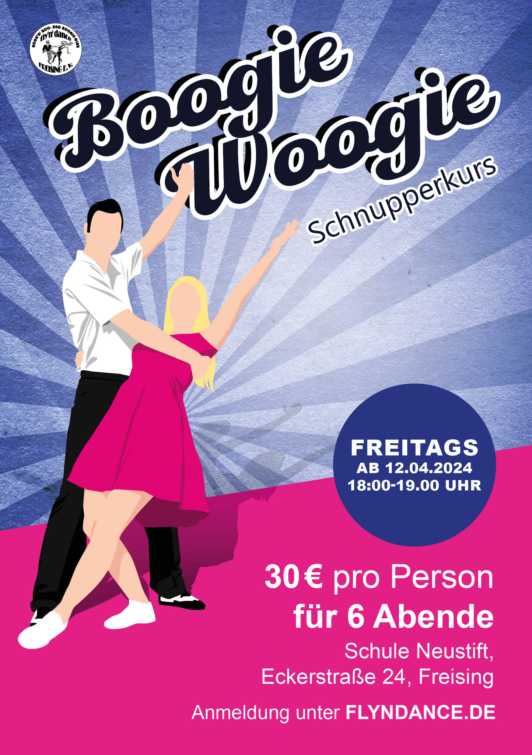 Der Schnupperkurs Boogie-Woogie umfasst sechs Abende ab 12.04. (bis einschließlich 17.05.) jeweils freitags von 18:00 bis 19:00 Uhr in der Turnhalle der Sternschule Neustift, Eckerstraße 24 in Freising. Die Gebühr beträgt 30€ pro Person, die Bezahlung erfolgt am ersten Abend vor Ort.